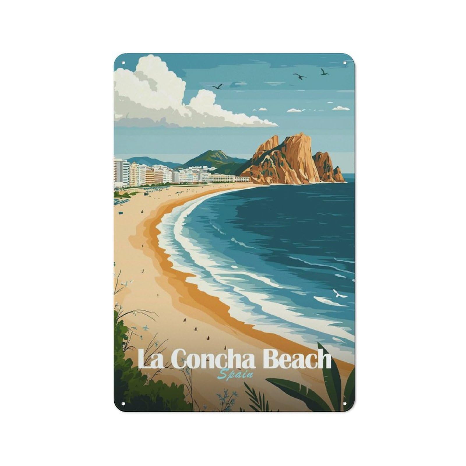 Junmoney Style-2 Vintage Metal Plaque 30X20cm Featuring La Concha Beach, Spain, Diner Style Decor For Restaurant, Kitchen, Counter Or Breakfast Nook