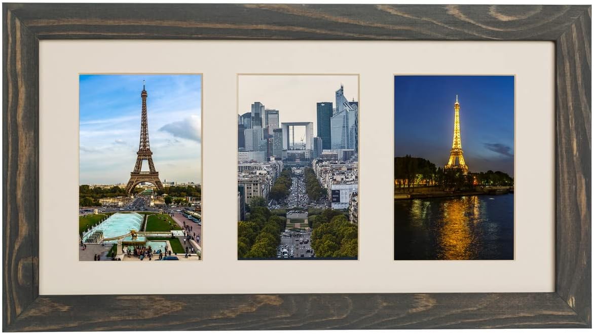 Rustic Solid Wood Collage Photo Frame 8x16 – Display Three (3) 4x6 Pictures with Mat, Horizontal/Vertical for Wall and Tabletop - Grey