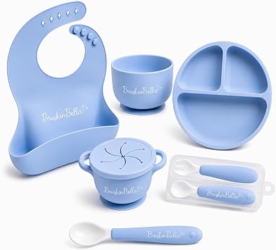 Baby Feeding Supplies - Complete Baby Feeding Set with Baby Plate, Baby Spoons First Stage, Silicone Bib and Snack Cup - Infant Eating Utensils and Baby Bowl with Suction