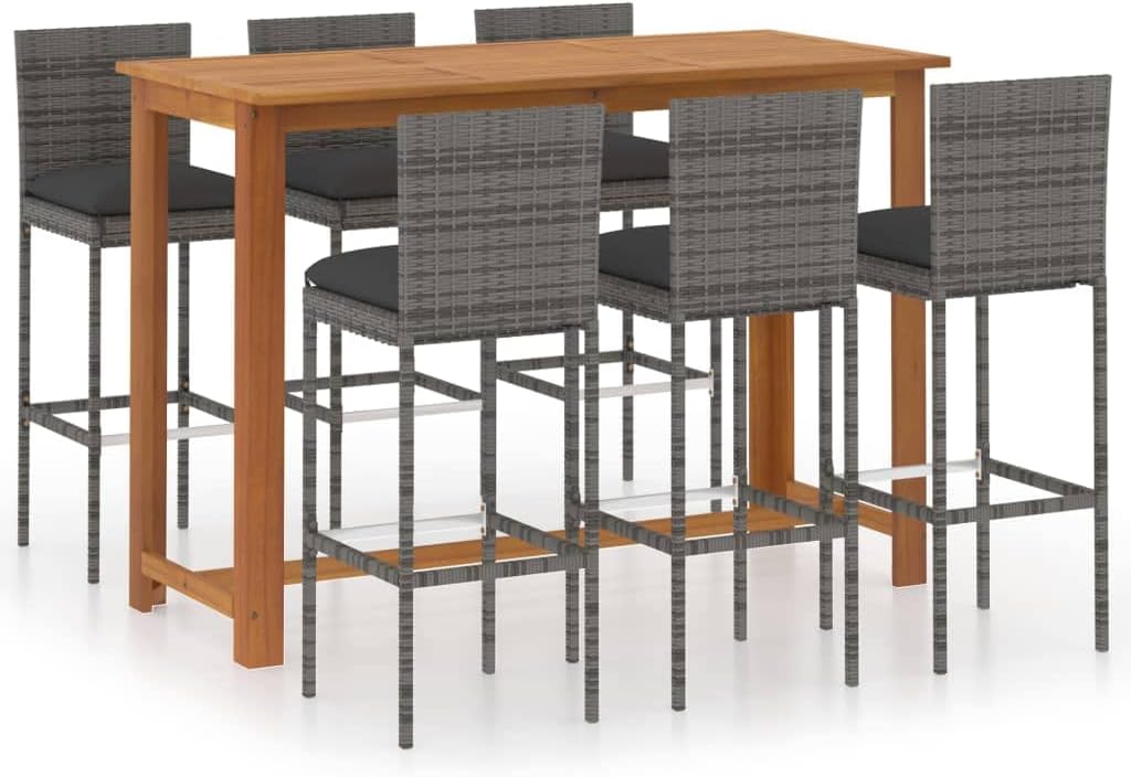 vidaXL Patio Bar Set, 7-Piece Outdoor Furniture with Stools and Table, Solid Acacia Wood with Oil Finish, Gray Poly Rattan Chairs with Cushions, Garden, Terrace, Farmhouse Style