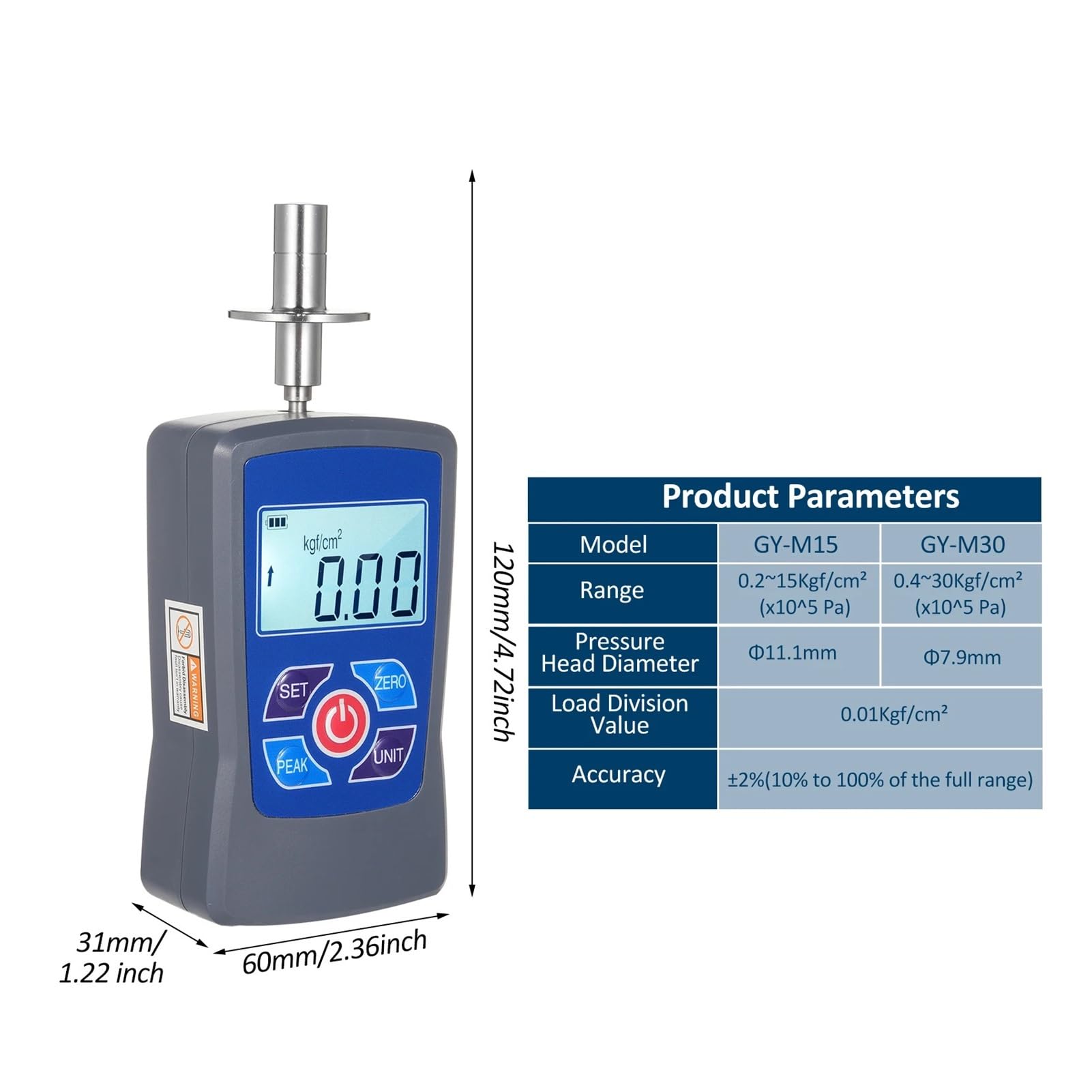 Medidor de dureza fruta GY-M15, minipenetrómetro, durómetro con rango 0,2 a 15 Kgf/cm² (x10^5 Pa), división carga