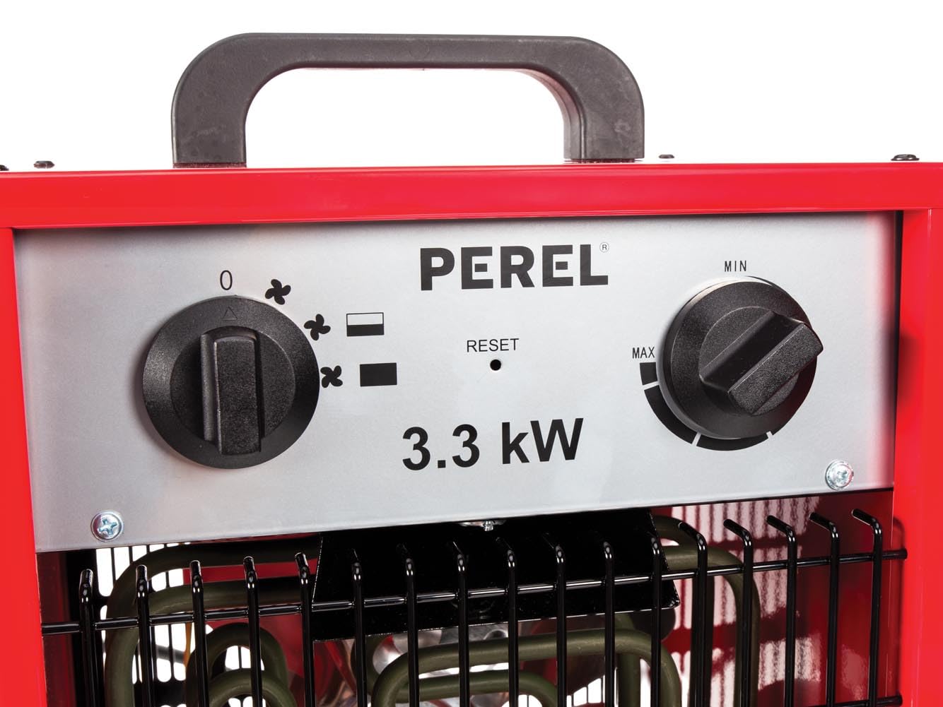 Perel Elektryczny grzejnik wentylatorowy 3300W, 2 poziomy grzania, termostat i funkcja chłodzenia, IP24, zabezpieczenie przed przegrzaniem, kompaktowy przenośny grzejnik do warsztatu, garażu lub