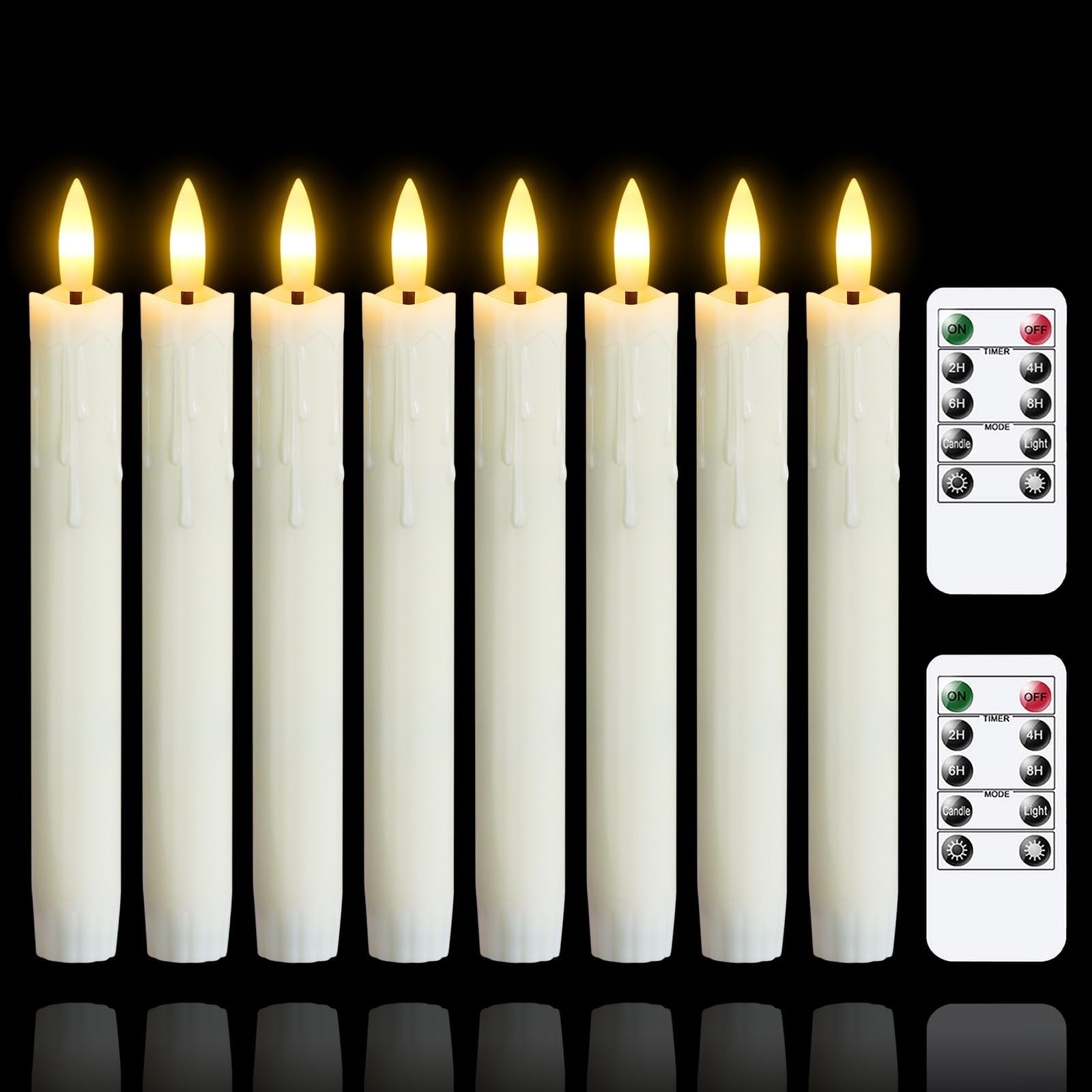 Flameless Flickering Taper Candles Two Remote, 19cm Ivory Battery Operated LED Window Candles Timer,Set of 8 Plastic 3D-Wick Dripping-Wax Effect Flameless Candlesticks(D:2.2cm,Warm Fire)