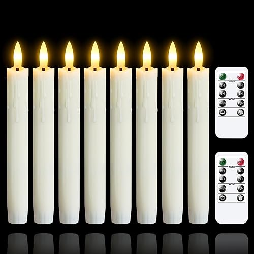 Mavandes Flameless Flickering Taper Candles Two Remote, 7.5 Inch Ivory Battery Operated LED Window Candles Timer,Set of 8 Plastic Dripping-Wax Effect Flameless Candlesticks(0.86” Dia,Warm Fire) - Ivory(8pcs)
