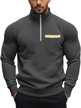 Mens Quarter Zip Pullover Sweatshirt Stand Collar Fleece Lined Casual Winter Fall Solid Sweatshirts with Pocket
