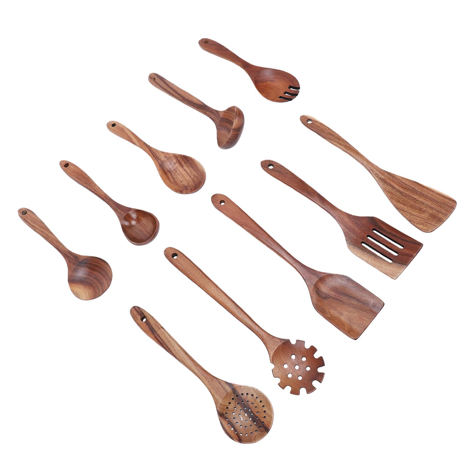 Fdit Juego de Utensilios de Madera de Teca para Cocinar, Espátulas, Cucharas y Utensilios de Cocina de Madera con Mangos Ergonómicos, Fácil de Limpiar para Uso Diario