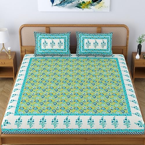 Image of Cotton Blend Traditional Jaipuri Floral Printed Premium Bedsheet for Double Bed King Size with 2 Pillow Covers - Light Blue | Proudly Made in India