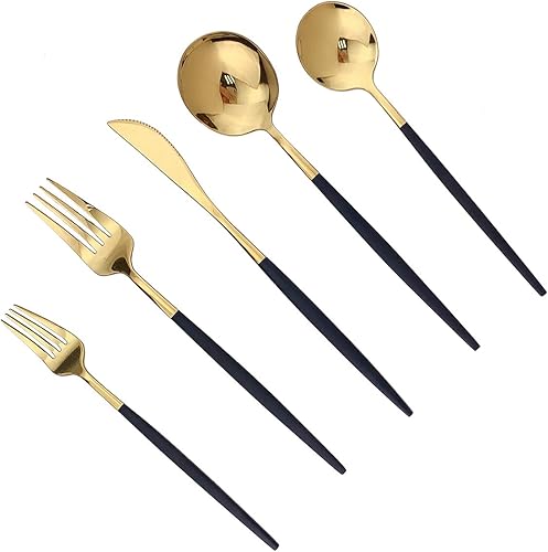 Miniatura 3 de Gugrida Juego de cubiertos de 10 piezas de acero inoxidable 304 con mango negro, tenedores dorados, cucharas, cuchillos, cubiertos pulidos con