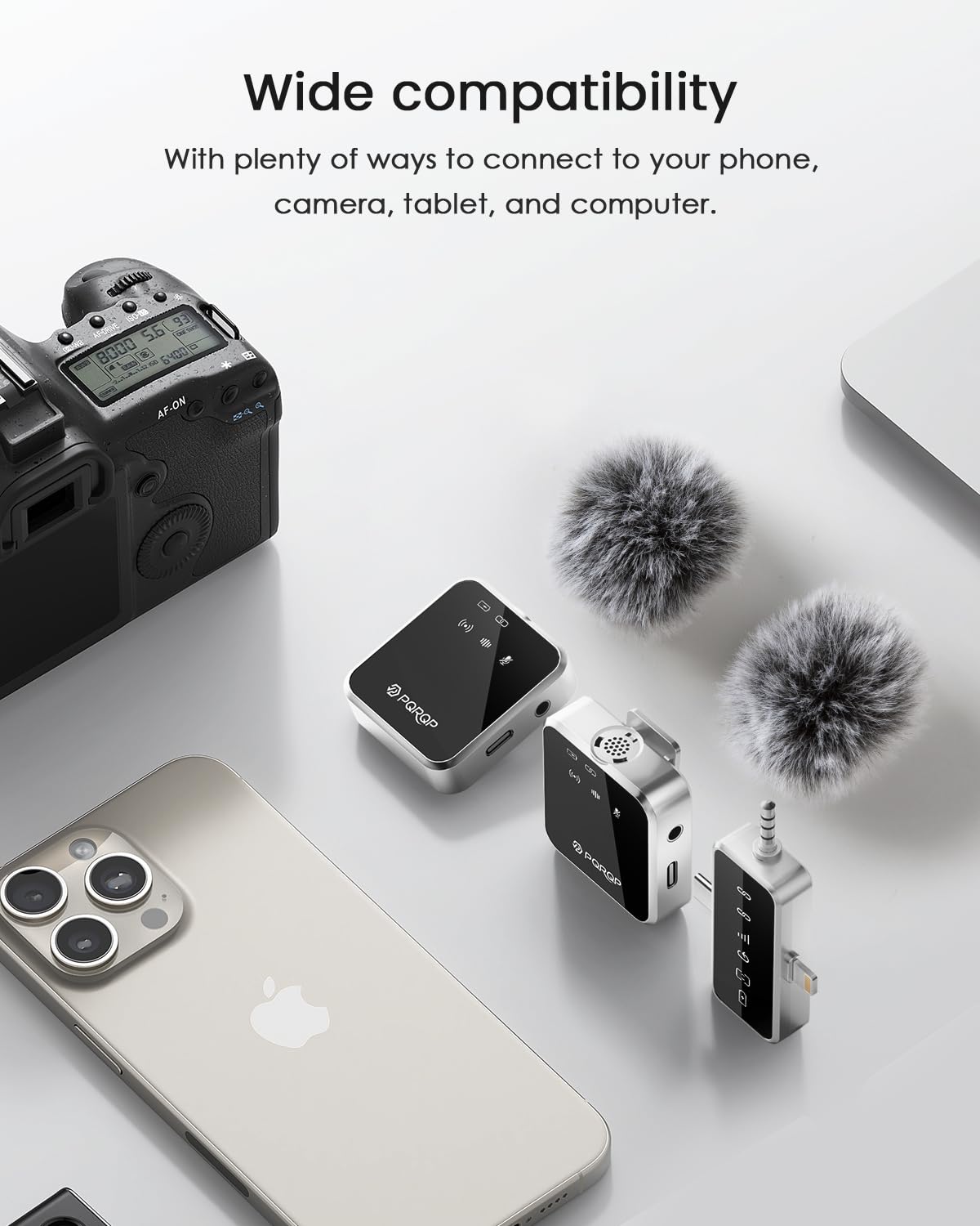 PQRQP 3 in 1 Microphone for iPhone/Android/Camera, Wireless Microphones, 328ft Transmission, 18H Battery Life, Mini Microphone for Record Interview, Vlogs, YouTube, Tiktok: Metallic Silver
