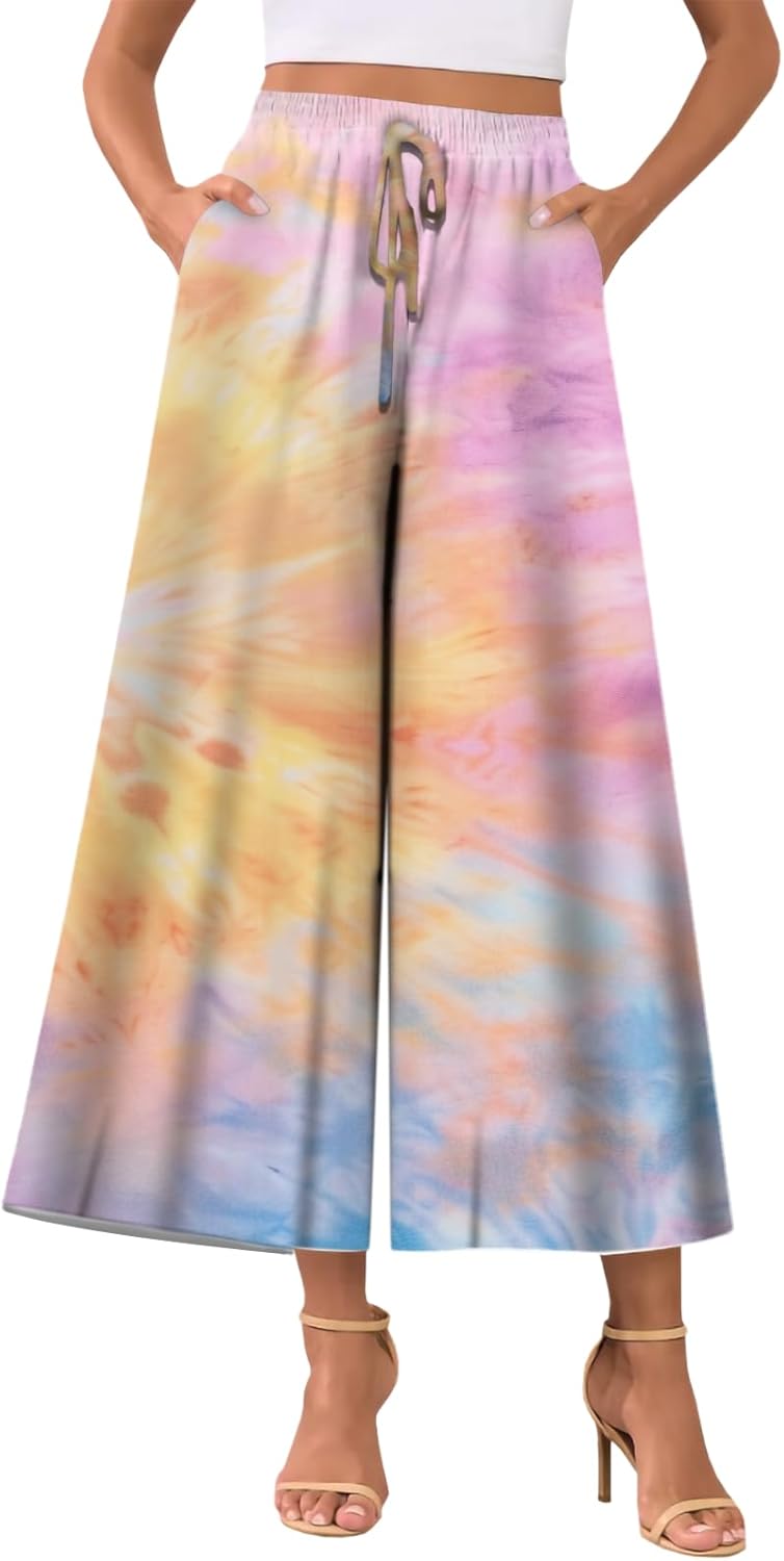 Summer Trousers for Women Dressy Trendy Casual High Waist Drawstring Print Floral Outfits Pants with Pockets