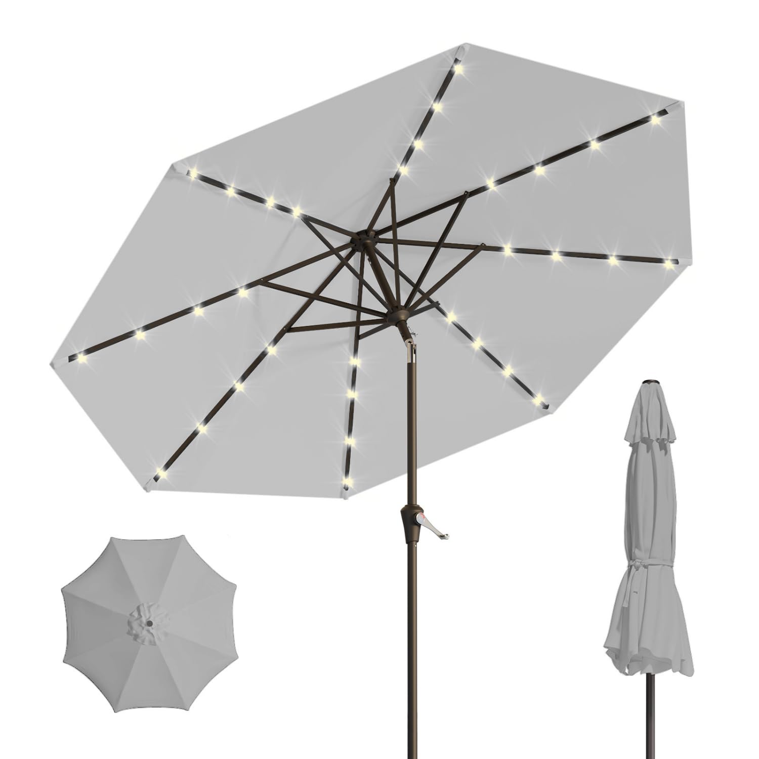 Patio Kingdom 9FT Solar Umbrella 32 LED Lighted Patio Umbrella Table Market Umbrella w/Tilt and Crank, UV-Resistant Outdoor Umbrella for Pool, Garden, Deck, Light Gray : Patio, Lawn & Garden