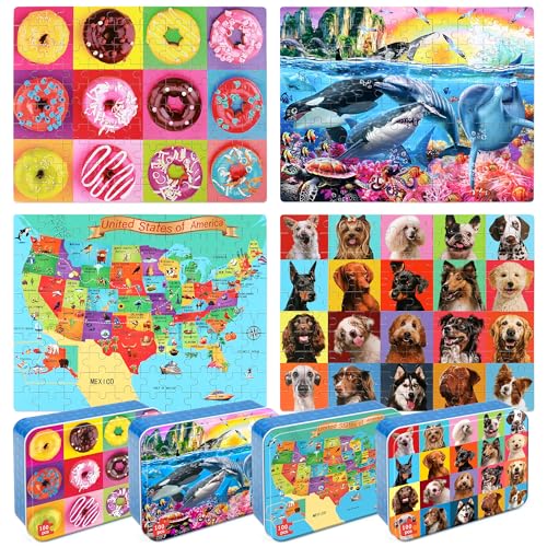 LELEMON Puzzles for Kids Ages 4-6,4-Pack 100 Piece Puzzles for Kids Ages 4-8 in a Metal Box,Dogs Donut USA Map Underwater World Educational Jigsaw Puzzles Puzzle Games Puzzle Toys for Girls and Boys