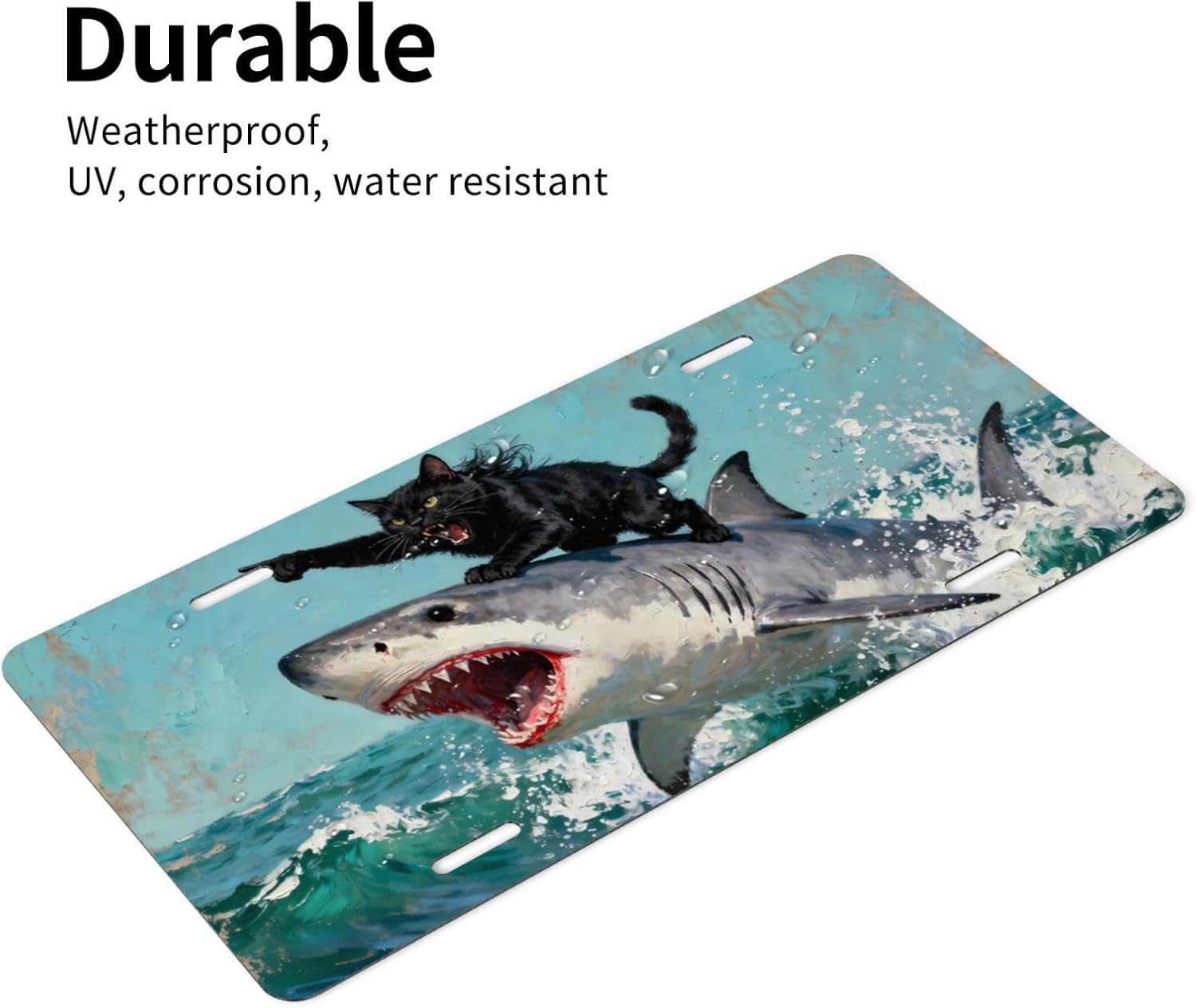 Black Cat Shark Ocean Front License Plate for Women Car Vanity Plates Decorative Aluminum Metal Cute Novelty License Plate Cover for Men 6x12 Inch (4 Holes)