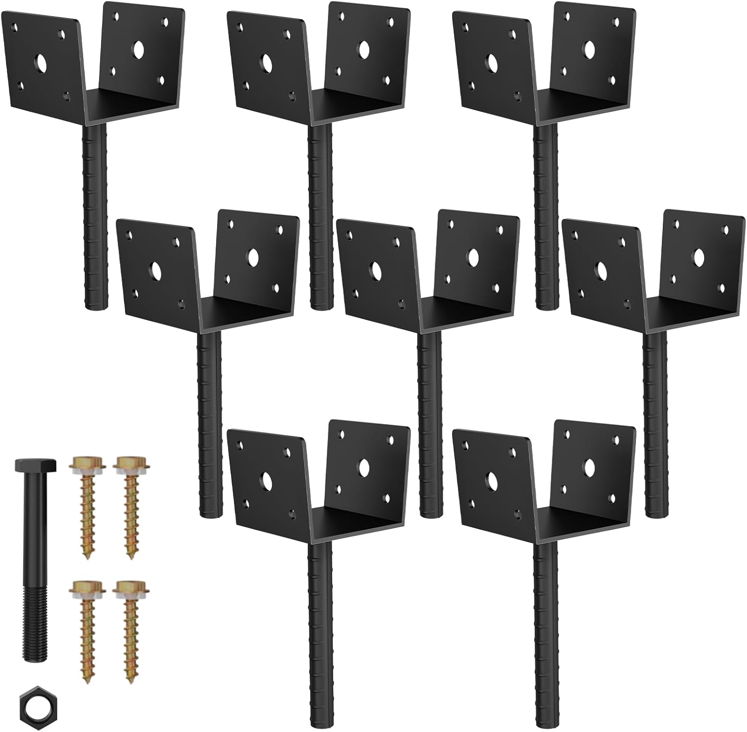 4x4 U Shape Fence Post Holder - 8 Pack Heavy Duty 13-GA Steel Concrete Anchor Brackets, Rust-Proof Black Powder-Coated Railing Base for Support Deck, Including Screws