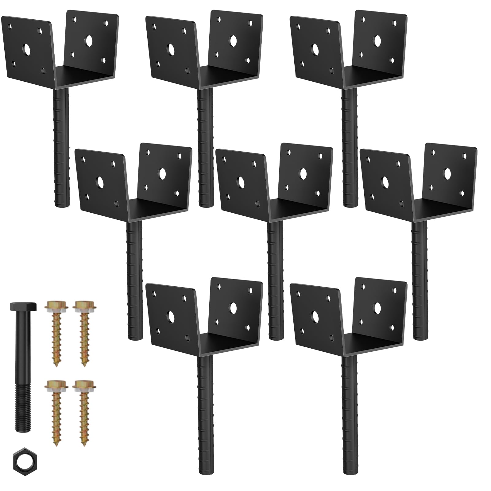 4x4 U Shape Fence Post Holder - 8 Pack Heavy Duty 13-GA Steel Concrete Anchor Brackets, Rust-Proof Black Powder-Coated Railing Base for Support Deck, Including Screws