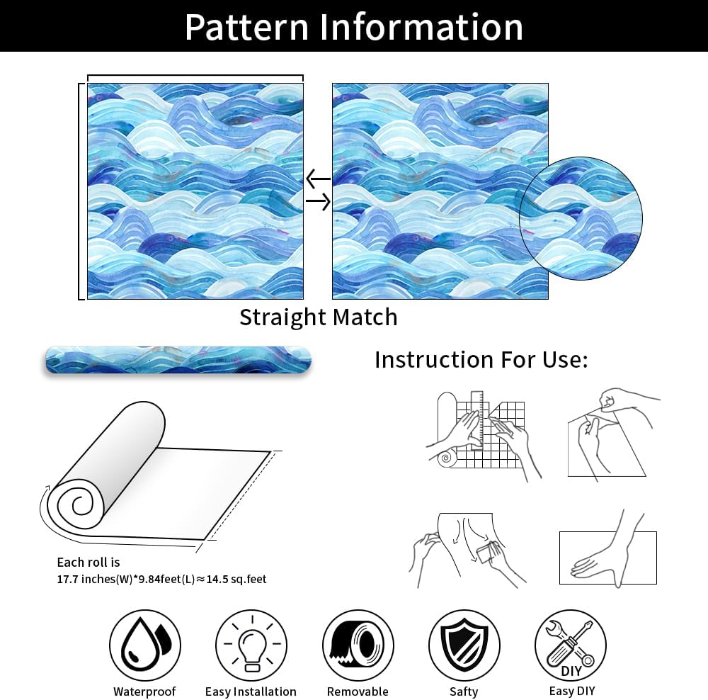 Hand Painted Blue Waves Peel & Stick Wallpaper - Modern Art, Removable, Suitable for Living Room/Bedroom/Bathroom - 17.71 in X 236.2 in