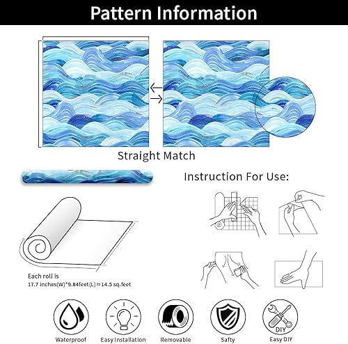 Miniatura 7 de Papel pintado a mano con ondas azules, listo para despegar y pegar, papel tapiz con ondas, autoadhesivo, moderno, extraíble, adecuado para sala de