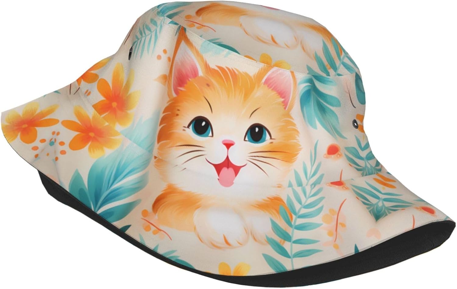 Free Cartoon cat Prints Summer Outdoor Travel Bucket hat, a Beach Sun hat Suitable for Both Men and Women Black