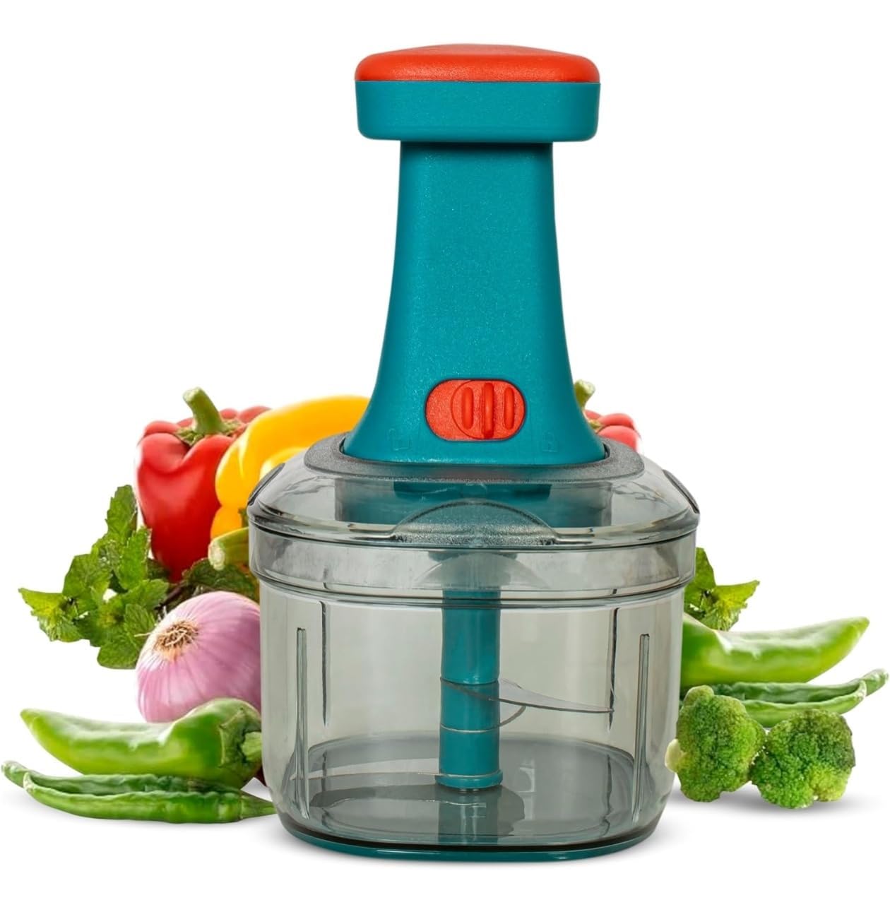 Mynest Manual Push Vegetable Chopper with 6 Stainless Steel Blades | Hand Push Food Chopper Vegetables, Fruits & Nuts | Multipurpose Kitchen Cutter | Easy to Clean | Transparent Bowl-image-27