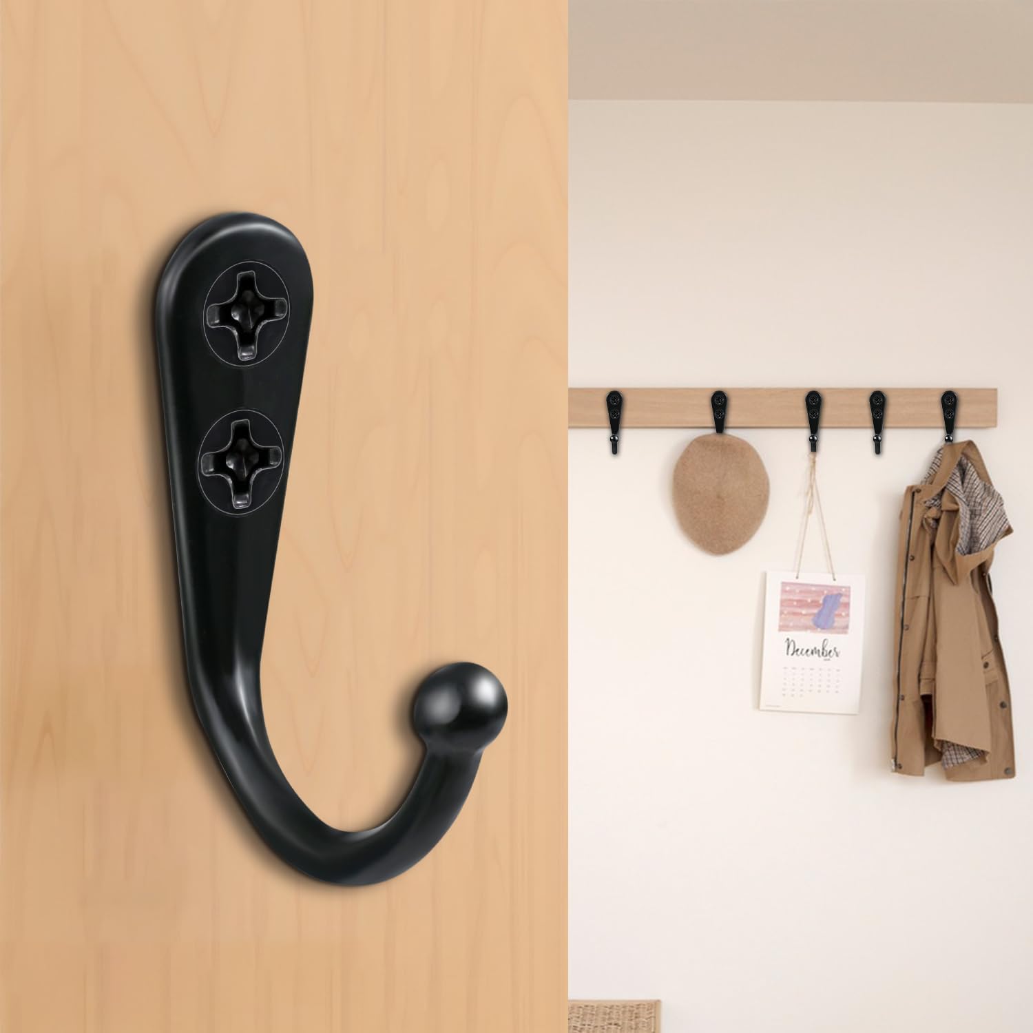 Black Wall Mounted Coat Hooks, Rustproof Metal Hooks for Hanging with Screws—Perfect for Bathroom, Kitchen, Hat, Towel, Keys, Bag. Versatile and Convenient Wall Hooks (10 Pack)