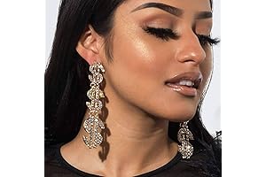 Golden Money Sign Earrings Emblazoned with Shimmering Rhinestones