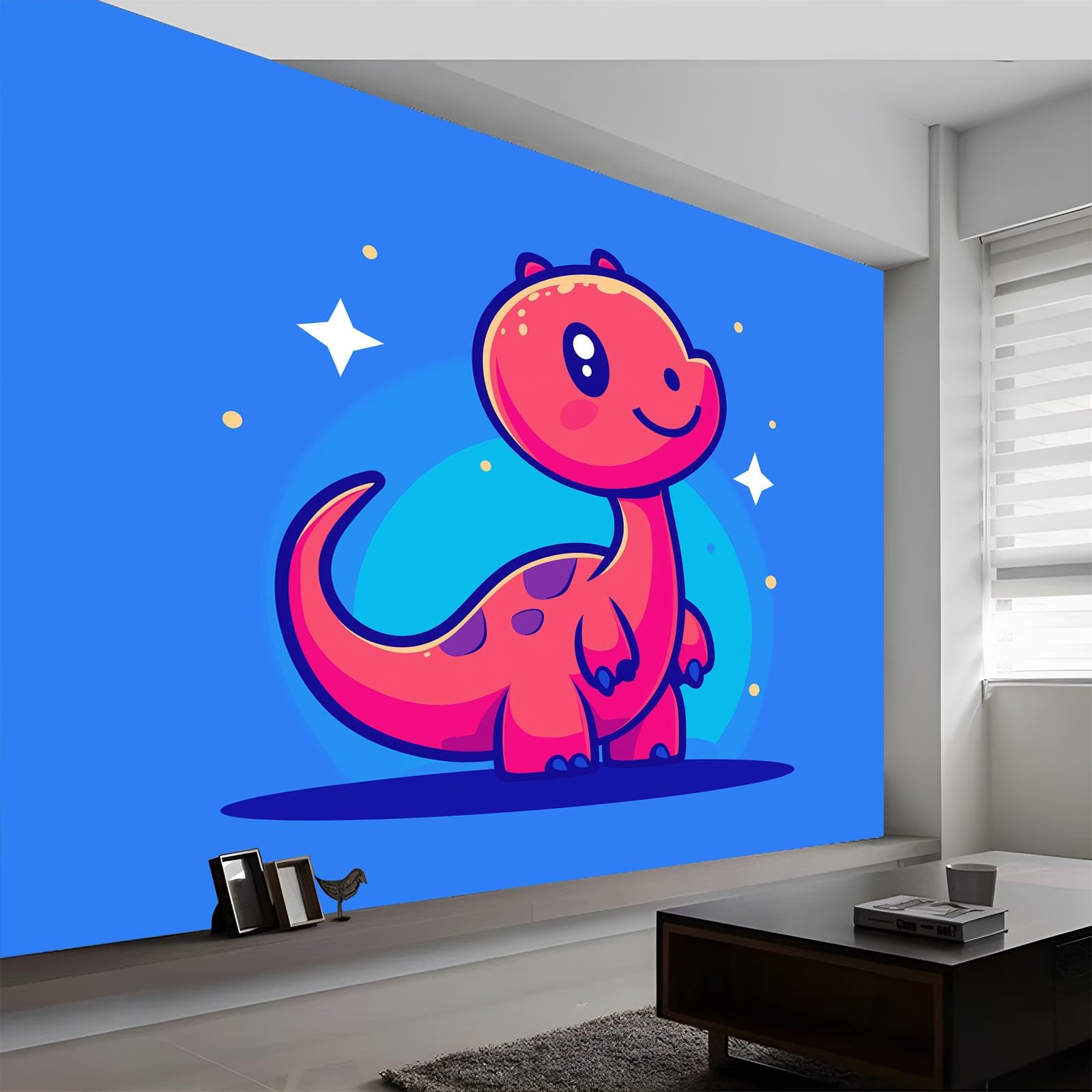 Tapeta ścienna z motywem dinozaurów, gwiazd i księżyca, niebieska tapeta, tapeta ścienna, 400 x 280 cm (szer. x wys.), dekoracja ścienna, tapeta dekoracyjna, tapeta do salonu, sypialni, biura