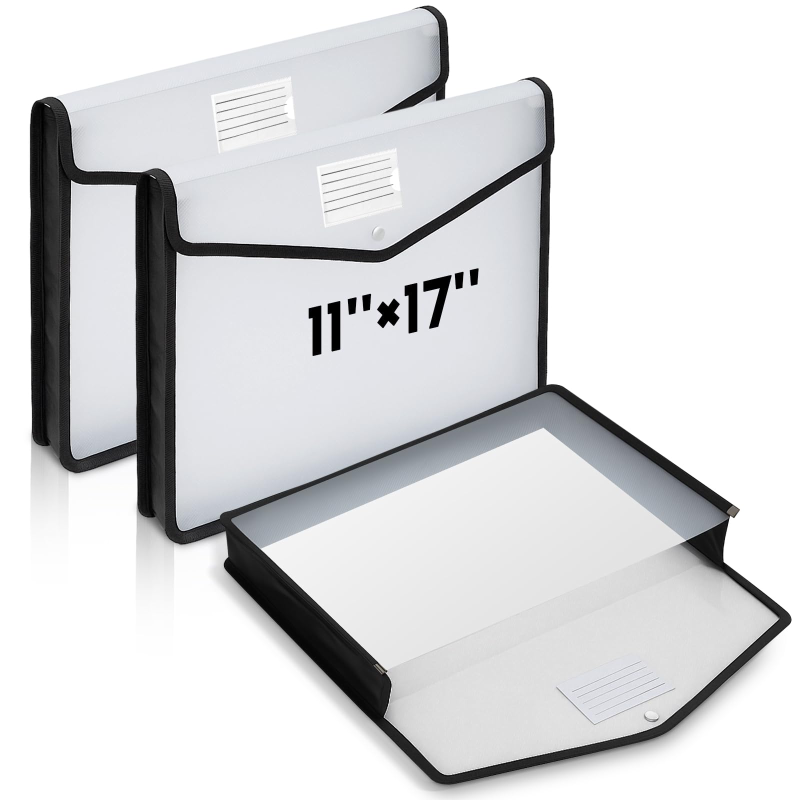 AmazingSpark 3 Pcs 11 x 17 Inch Expandable Tabloid Size Document Folder Organizers with Snap Closure & Label, Clear Plastic Expanding File Folder for A3 Ledger Size Plots Charts (Black)