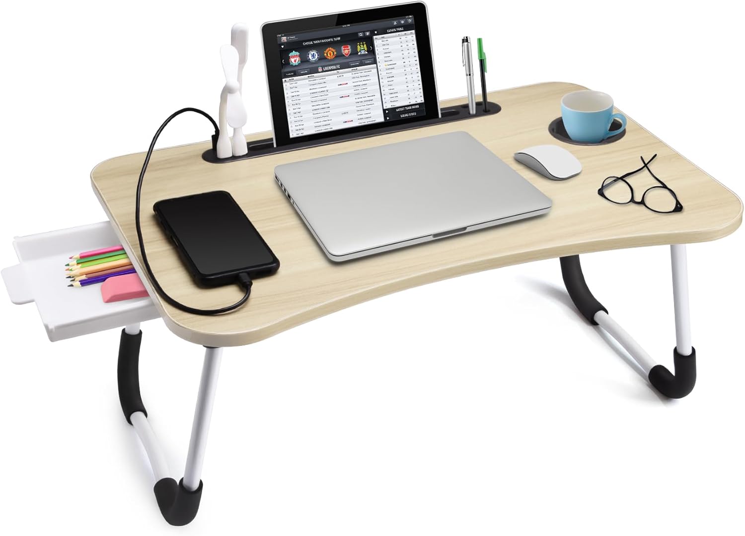 Slendor Lap Desk with Tablet Slot, Foldable Laptop Table with Storage Drawer?Portable Bed Desk for Laptop, Computer Tray with Cup Holder Notebook Stand Reading Holder for Couch Floor, White Maple