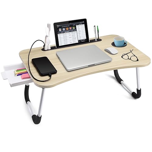 Slendor Lap Desk with Tablet Slot, Foldable Laptop Table with Storage Drawer，Portable Bed Desk for Laptop, Computer Tray with Cup Holder Notebook Stand Reading Holder for Couch Floor, White Maple
