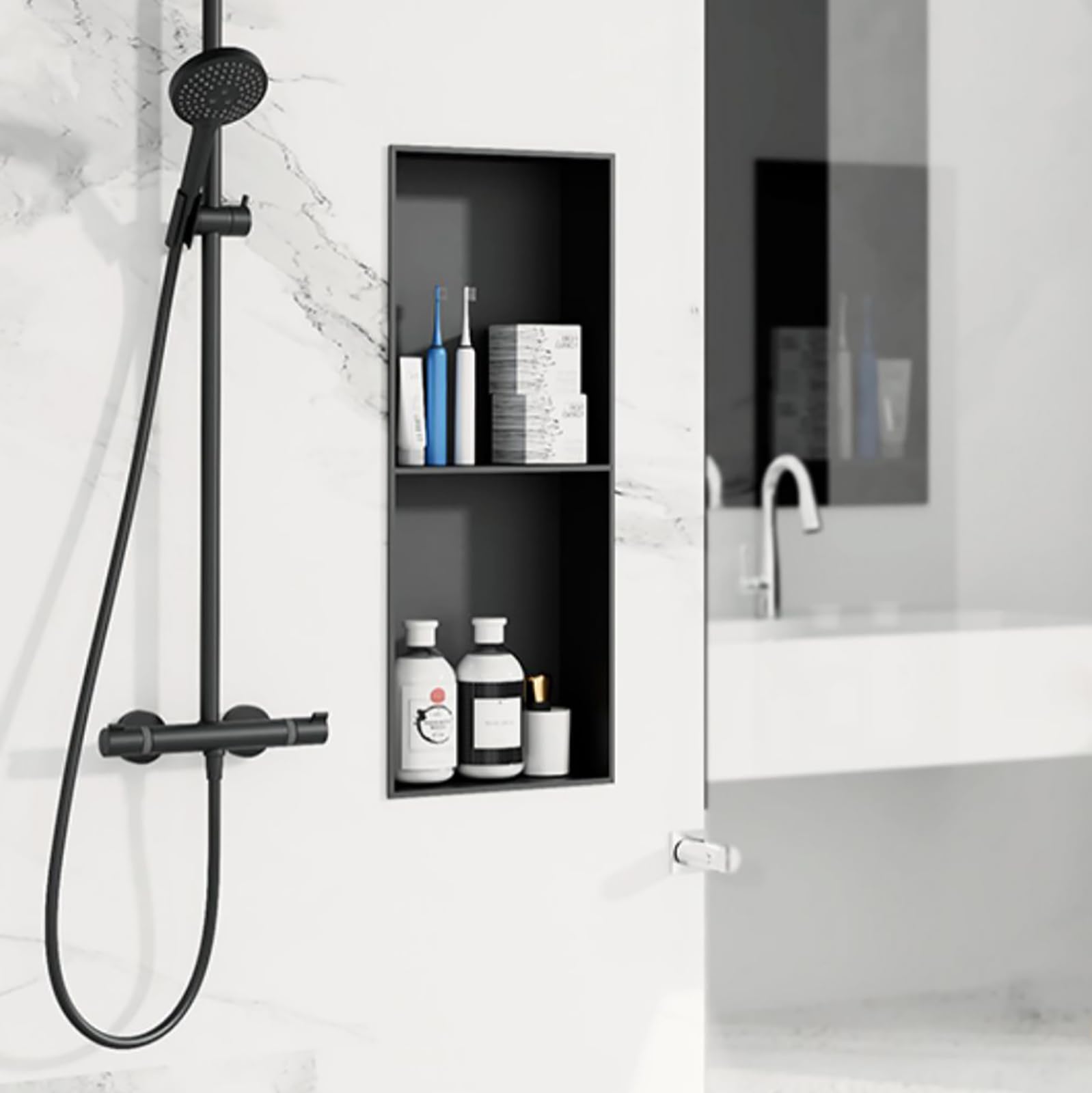 Estante de ducha de acero inoxidable de 90 x 28 cm, doble nivel, instalación sin taladrar, sin azulejos, almacenamiento integrado de jabón y artículos de tocador, elegante acabado negro