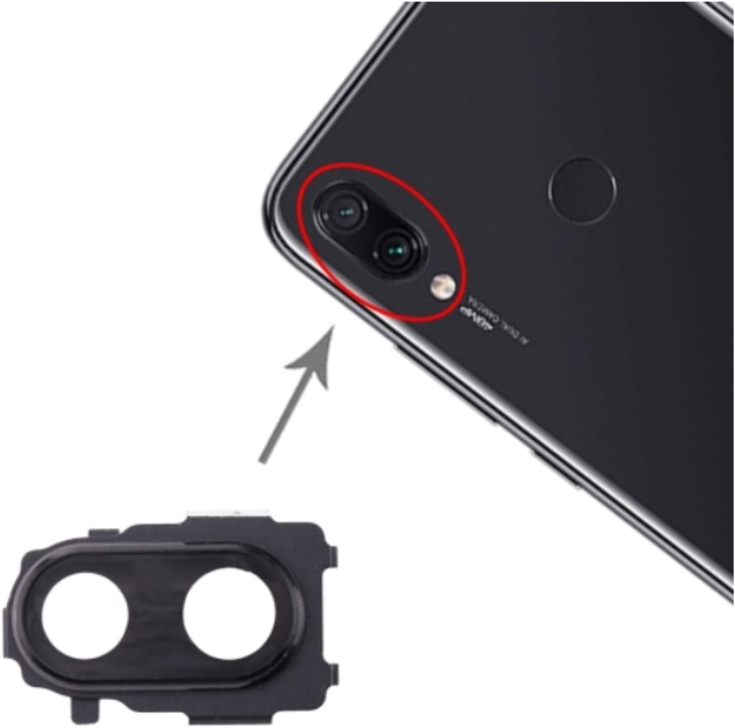 Cristal trasero de repuesto para lente + marco para cámara trasera compatible con Xiaomi Redmi Note 7 / Note 7 Pro / M1901F7E M1901F7C M1901F7 (negro)