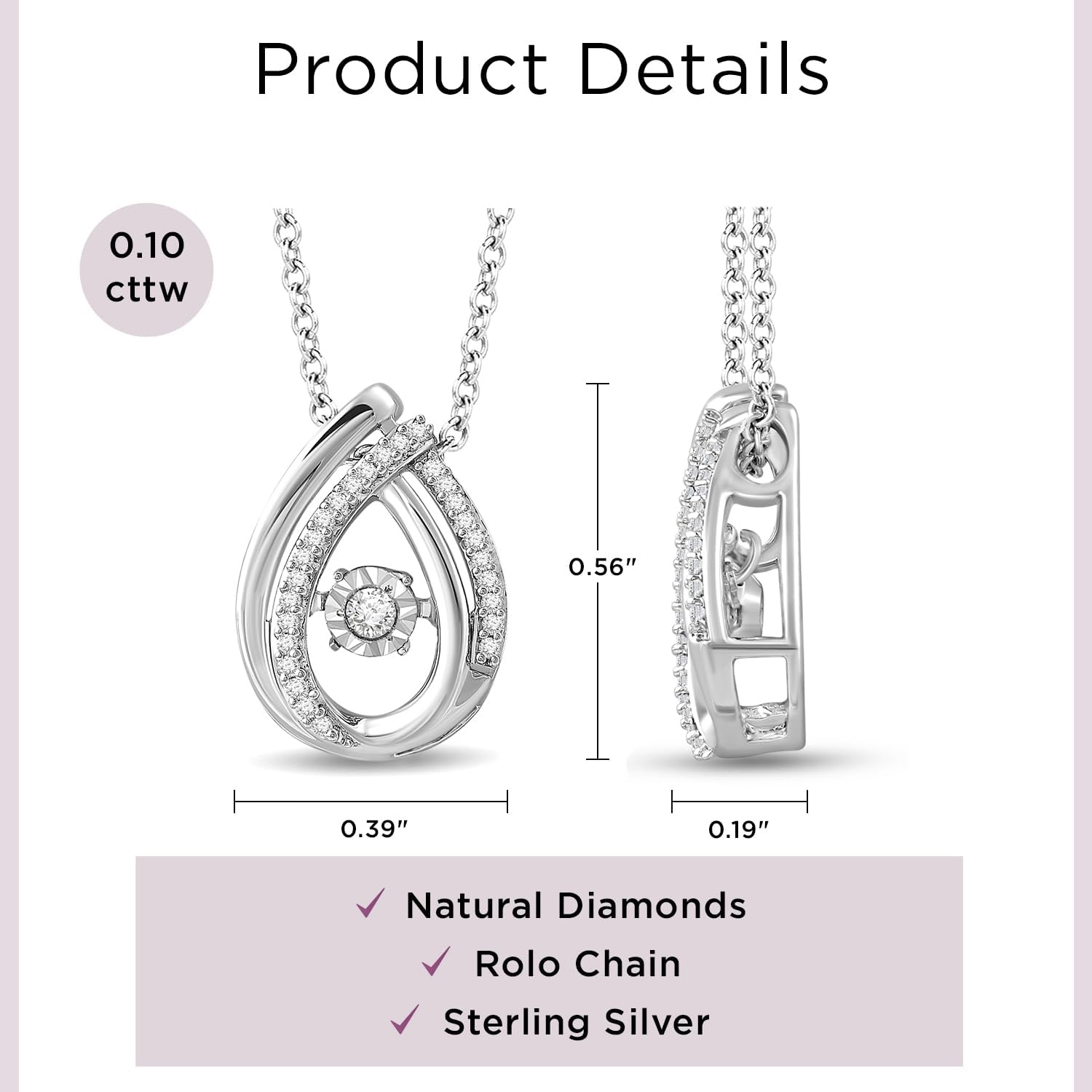 Jewelili Sterling Silver Dancing Drop Pendant Necklace for Women | 1/10 CTTW Natural White Round Diamonds | 18" Rolo Chain | Gift Box Included | Timeless Fashion Jewelry