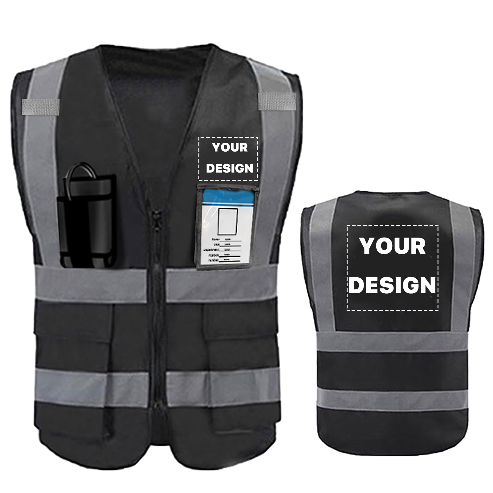 YOWESHOP High Visibility Reflective Safety Vest with Pockets and Zipper Custom Your Logo Safety Workwear,Black XL