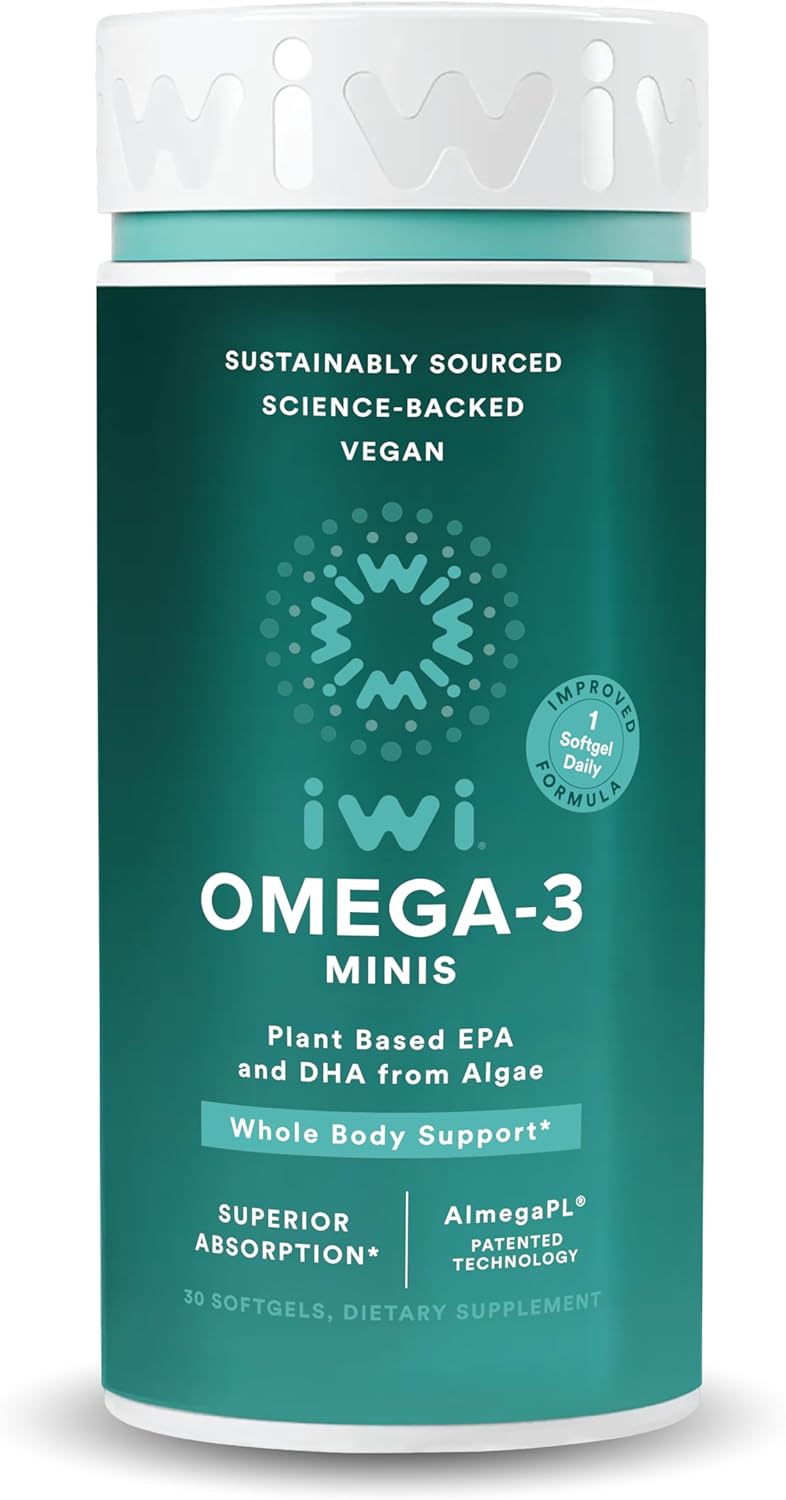 Iwi Omega-3 Mini Softgels (30 Servings), Easy to Swallow, Plant-Based Algae Omega 3 with EPA + DHA, Whole-Body Support Dietary Supplement, Krill & Fish Oil Alternative, No Fishy Aftertaste Iwi Omega-3 Mini Softgels (30 Servings), Easy to Swallow, Plant-Based Algae Omega 3 with EPA + DHA, Whole-Body Support Dietary Supplement, Krill & Fish Oil Alternative, No Fishy Aftertaste