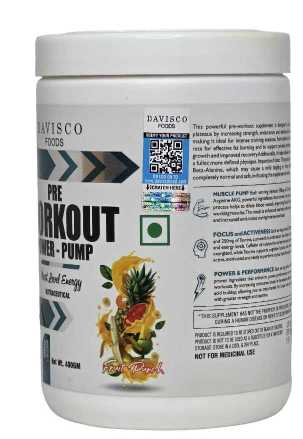 Image of Davisco Foods Pre Workout PUMP Get Next Level Energy, Strength & Endurance 80 Serving Pre Workout Focus, Strength, Energy and Extreme Muscle Pump (400 g, Fruit Punch)
