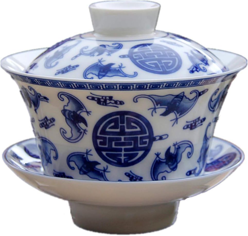 Moyishi Chinese Porcelain Gaiwan Floral Dragon Tradition Sancai Tea Cup Tea Set Best Gift (Bat Design)