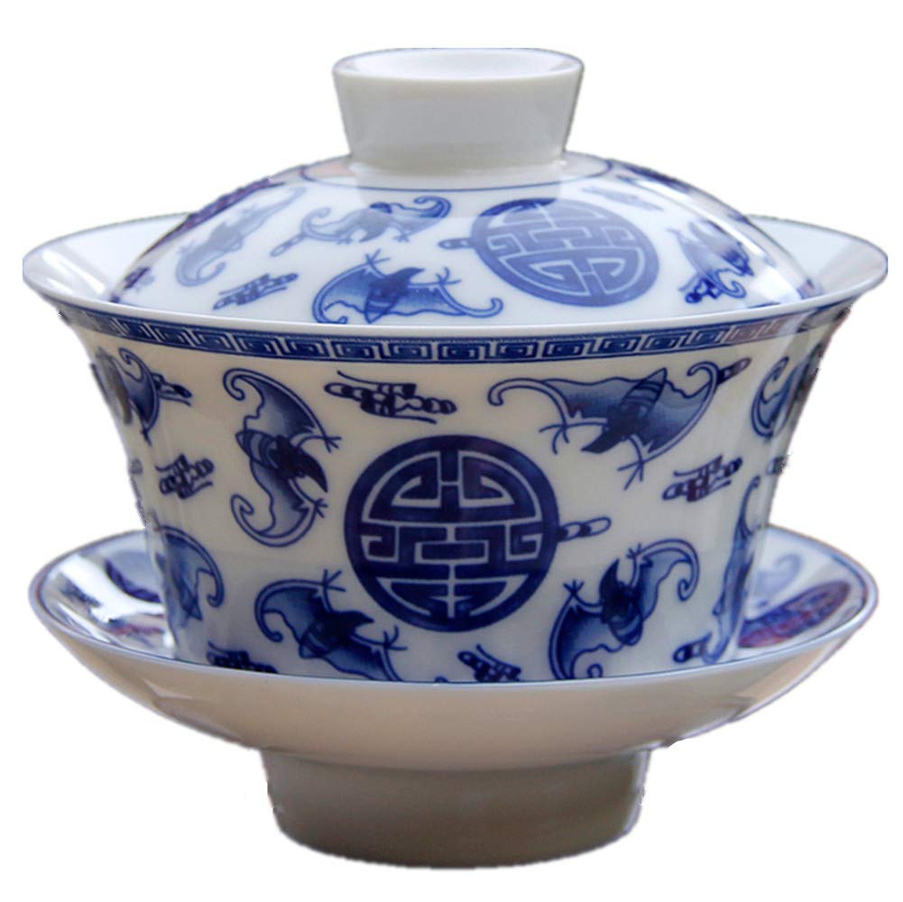 Moyishi Chinese Porcelain Gaiwan Floral Dragon Tradition Sancai Tea Cup Tea Set Best Gift (Bat Design)