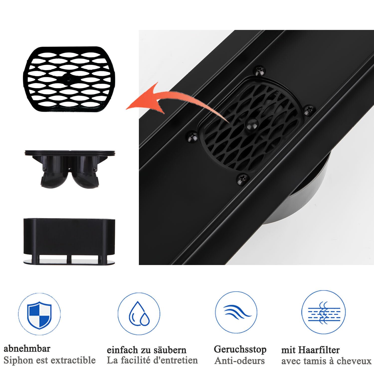 Canalina per doccia, 80 cm, in acciaio inox, con piastrellatura in acciaio inox, con sistema completo di scarico per doccia, sifone a 360° con filtro per capelli, dimensioni da 30 cm a 120 cm
