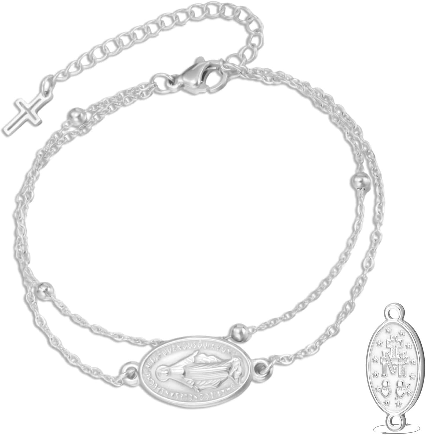 Wuufake Dispositivo portátil: pulsera doble cara con medalla de la Virgen de Guadalupe para hombre, cordón trenzado artesanal, joyería católica cristiana religiosa arte, silver 11