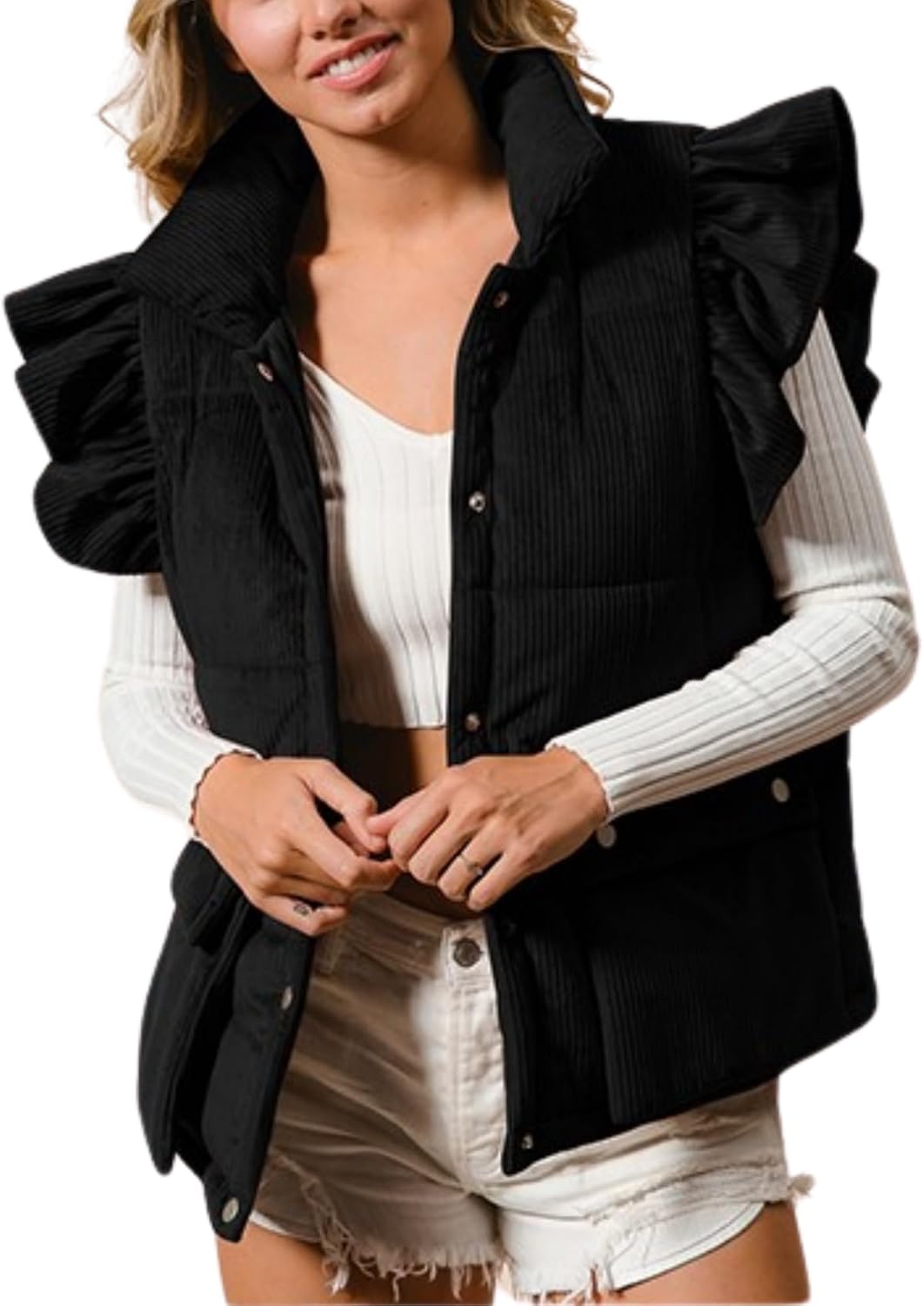 Womens Corduroy Puffer Vest Ruffle Sleeve Winter Snap Button Coats Padded Gilet with Flap Pockets