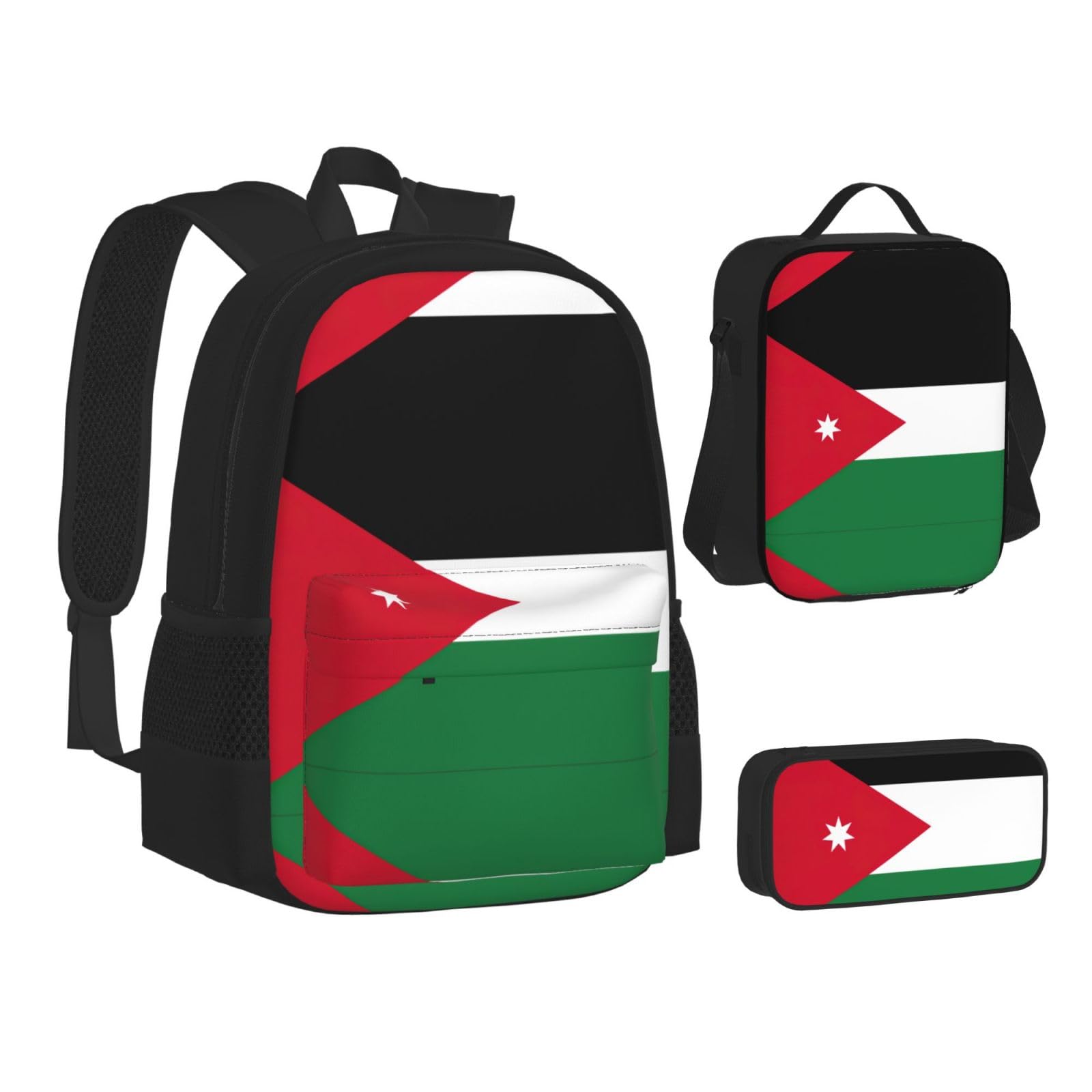 Plecak z flagą Jordanii dziecko chłopcy dziewczęta pudełko na lunch szkoła torba na książki zestaw uczniów szkół średnich student prezent, Czarny, One Size, Bagaż