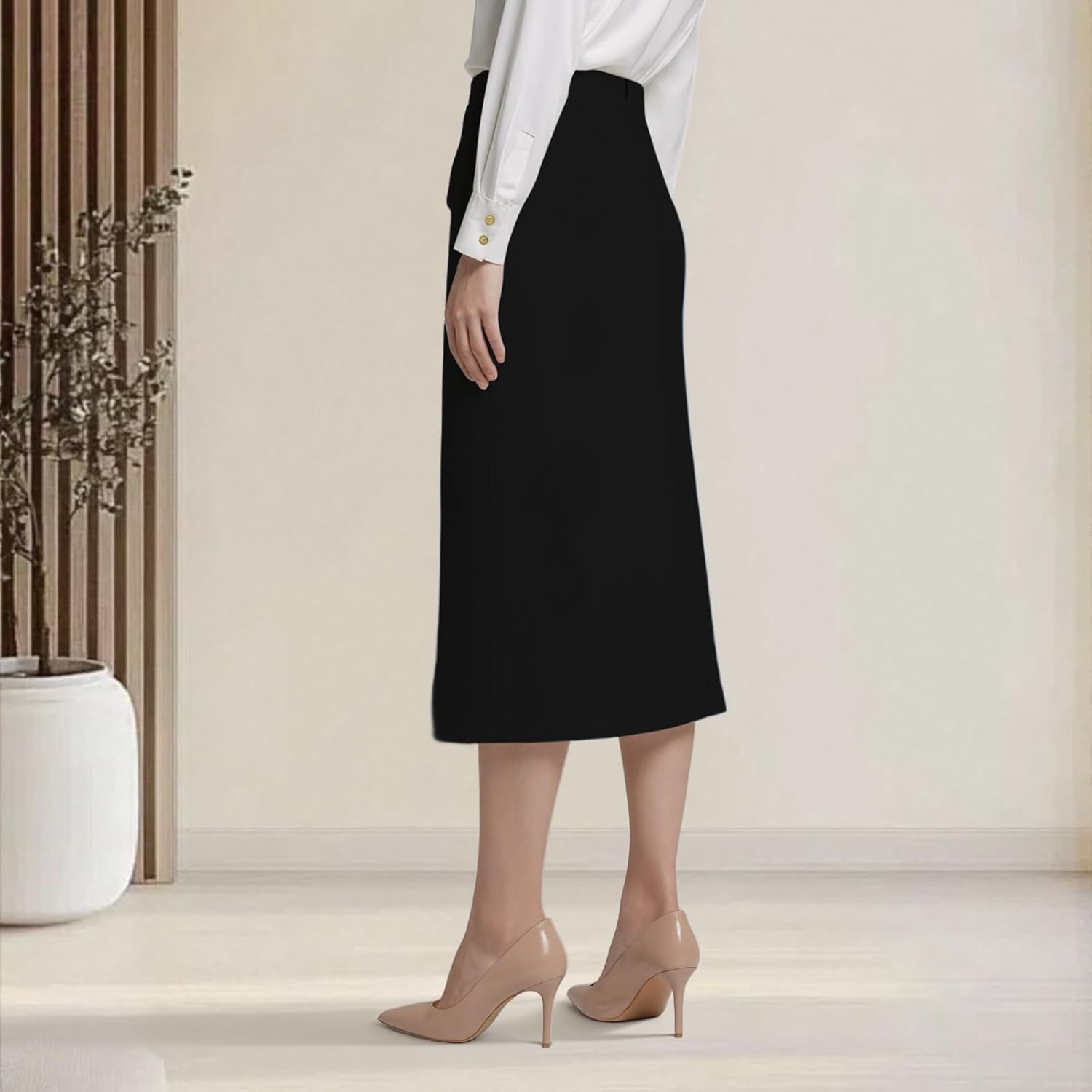 Women's Midi Skirt Hight Waist Elastic Split Straight Below The Knee Length with Buttons Office Casual Outfit Skirt - Image 3
