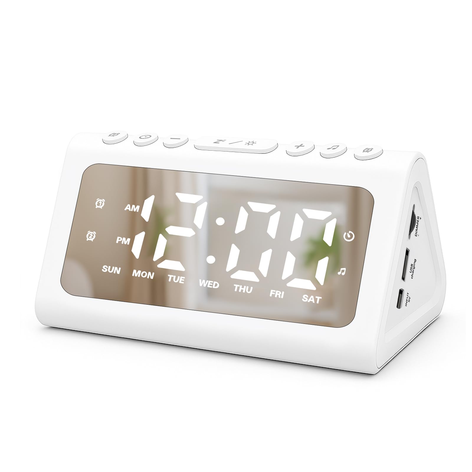 Cooluck Reloj despertador fuerte para dormitorios con sueño pesado, reloj digital junto a la noche con luz nocturna, alarma dual, sonidos naturales, volumen ajustable, regulador, modo diario/día de