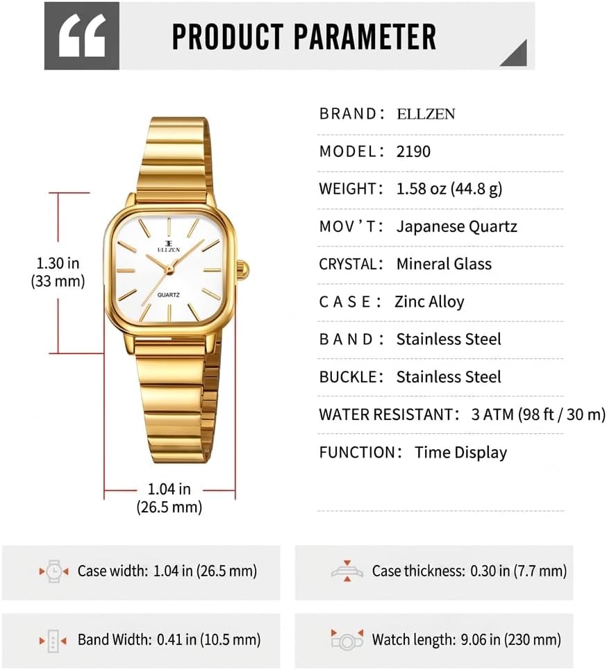 Gold Watches for Women with Small Vintage Bracelet, Rectangular Case