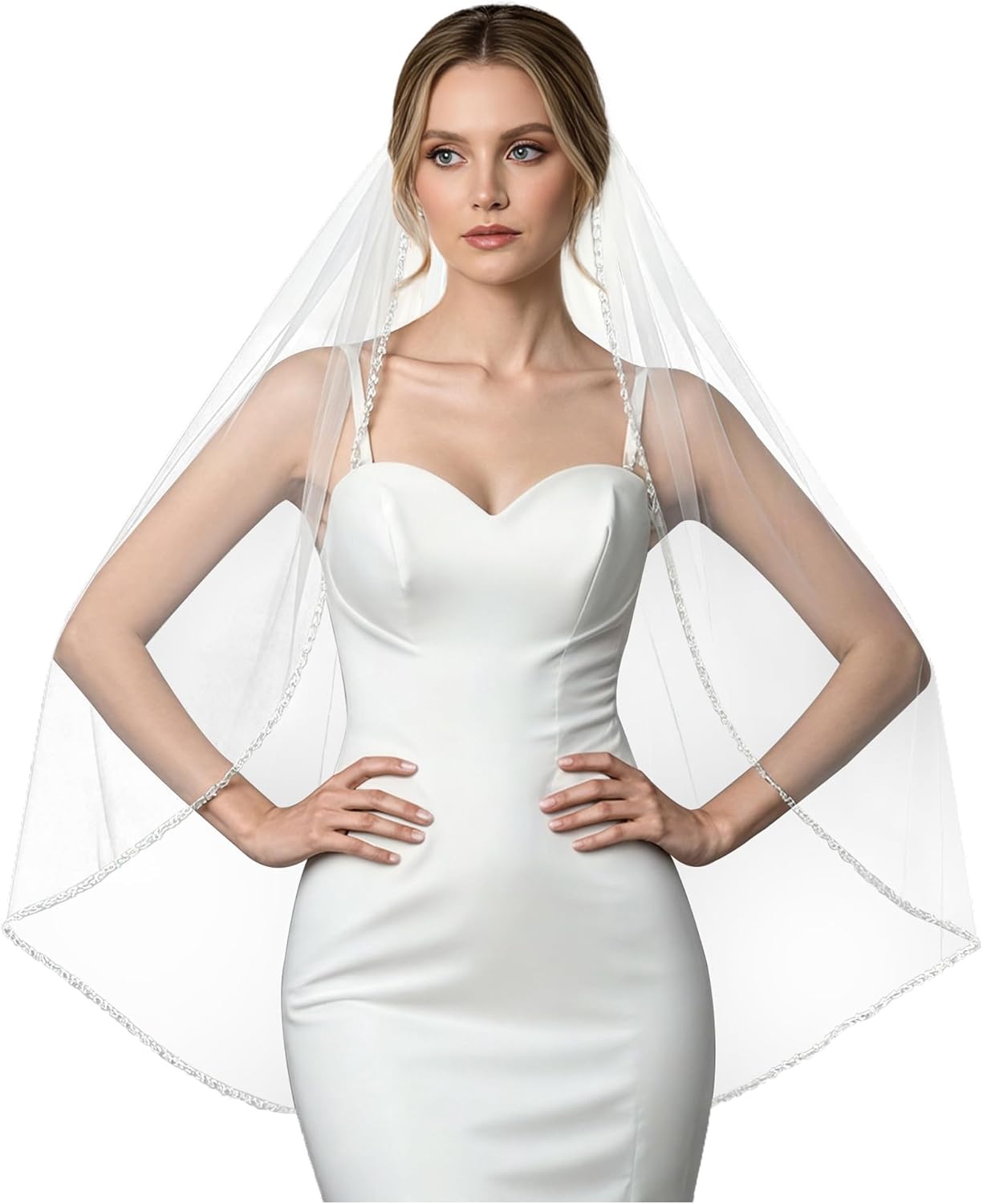 1 Tier Crystal Pearl Beaded Edge Bridal Wedding Veil Fingertip Length