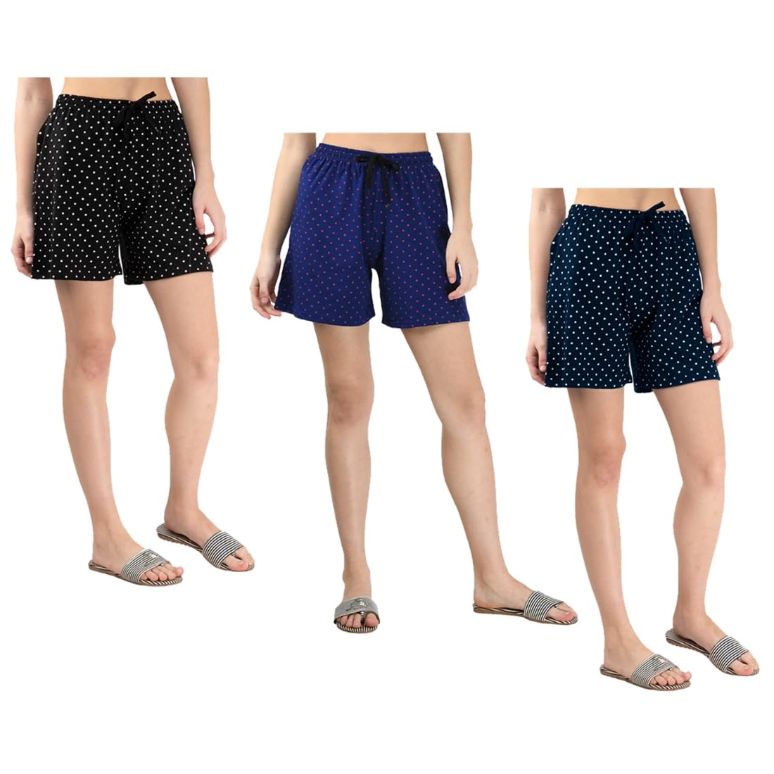 kayu Pack of 3 Women’s Polka Dot Printed Shorts with Drawstring Waist – Comfortable Casual Lounge Wear, Breathable Fabric, Stylish Summer Sleepwear Shorts for Women Navy Blue, Blue, Black-picture-46