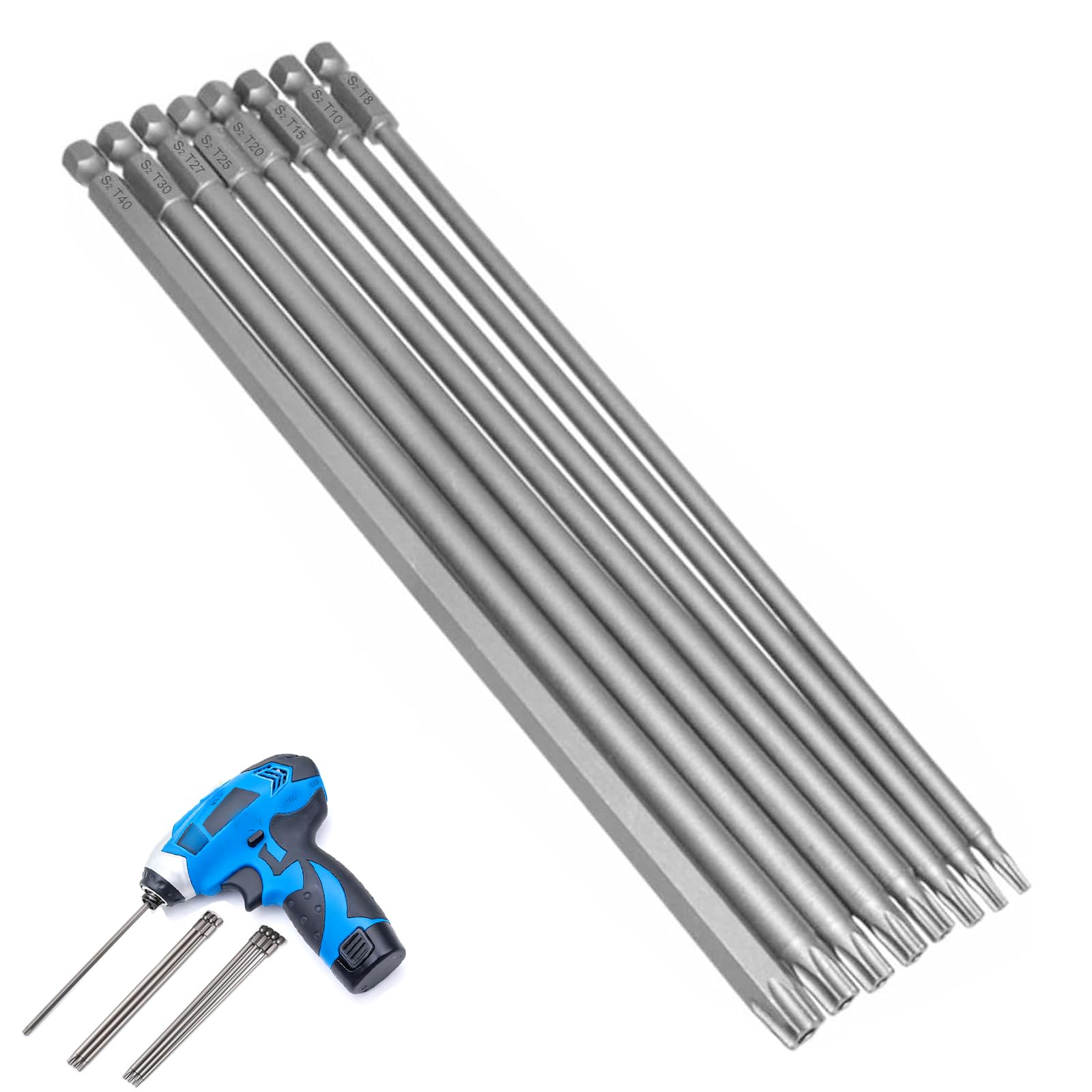 Long Torx Bit Set 8Pcs 200mm/7.9", Magnetic Screwdriver Bits Set, Star Screwdriver Bit 1/4” Hex Shank for Impact,Cross Impact Screwdriver Bits, T8 T10 T15 T20 T25 T27 T30 T40