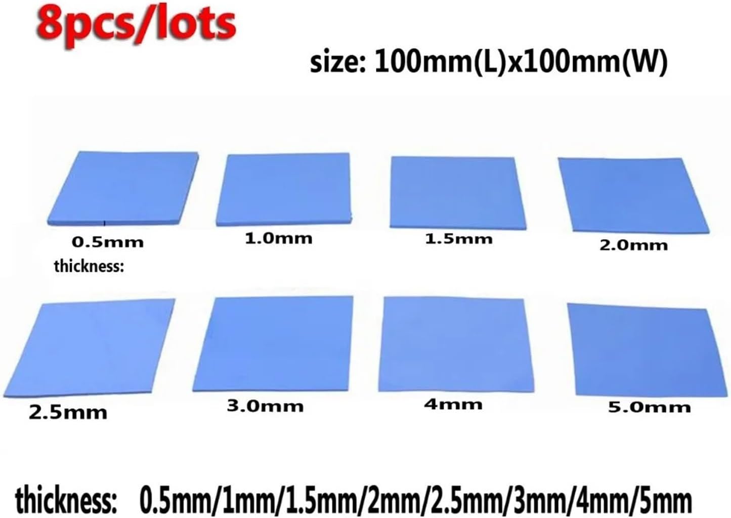 Thermal Conductive Silicone Pads 8pcs/Set 8Size 100x0.5,1,1.5,2,2.5,3,4,5mm Blue White Chip Conductive Silicone Heatsink Thermal Pad(8pcs100X100X2mm)