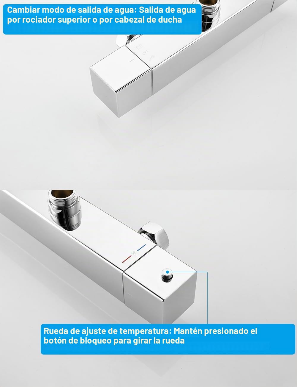 Columna Ducha Termostática 38 ℃, Sistema de Ducha Barra | Altura Ajustable 845-1180 mm, Ducha de Lluvia Cuadrada con Grifo, Acero Inoxidable 304, Fácil Instalación