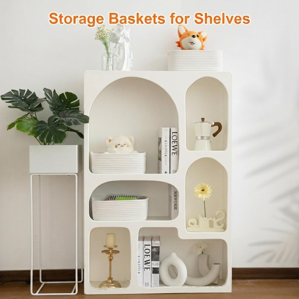 Small Storage Baskets for Organizing, Woven Storage Bins for Shelves, Gift Basket Empty, Cute Decorative Closet Organizer, Baby Rope Basket, Dog Toy Storage, 13.2x8.2x5.2”, 3Packs White